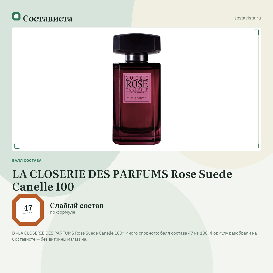 LA CLOSERIE DES PARFUMS Rose Suede Canelle 100: балл состава 47 из 100 — Состависта