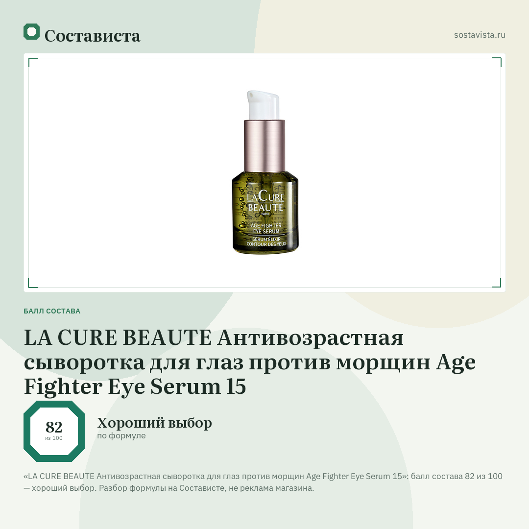 LA CURE BEAUTE Антивозрастная сыворотка для глаз против морщин Age Fighter Eye Serum 15: балл состава 82 из 100 — Состависта