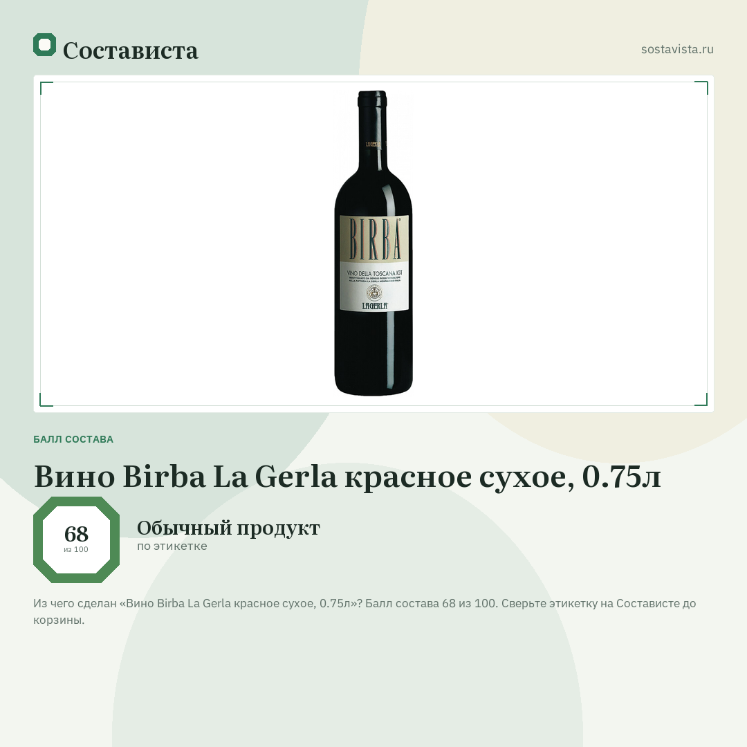 Вино Birba La Gerla красное сухое, 0.75л: балл состава 68 из 100 — Состависта