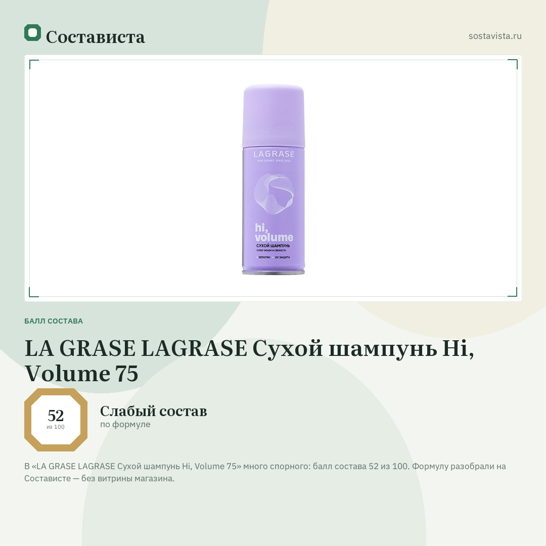 LA GRASE LAGRASE Сухой шампунь Hi, Volume 75: балл состава 52 из 100 — Состависта