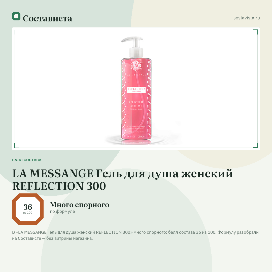 LA MESSANGE Гель для душа женский REFLECTION 300: балл состава 36 из 100 — Состависта