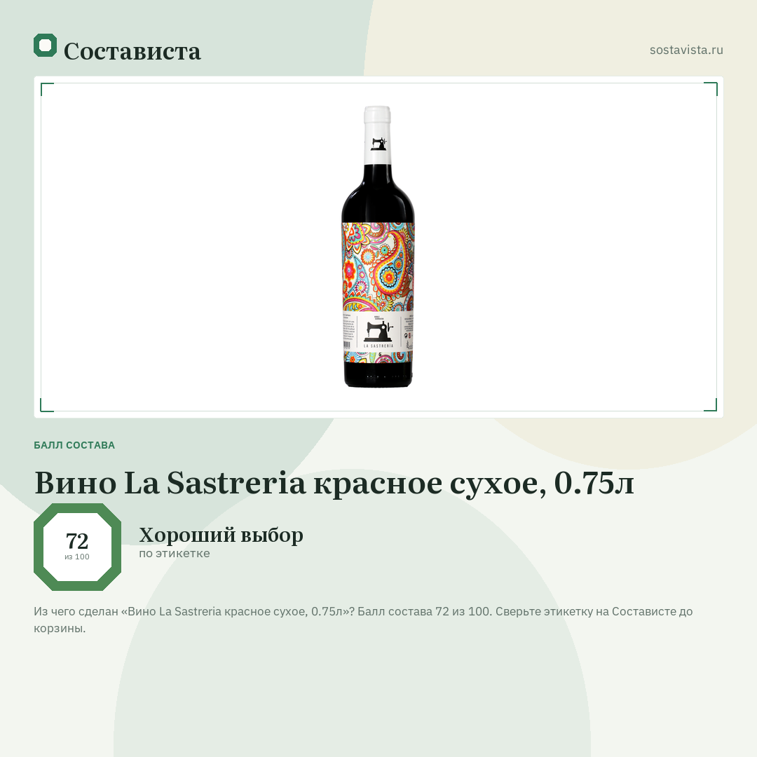 Вино La Sastreria красное сухое, 0.75л: балл состава 72 из 100 — Состависта