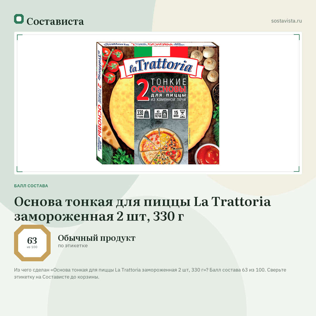 Основа тонкая для пиццы La Trattoria замороженная 2 шт, 330 г: балл состава 63 из 100 — Состависта