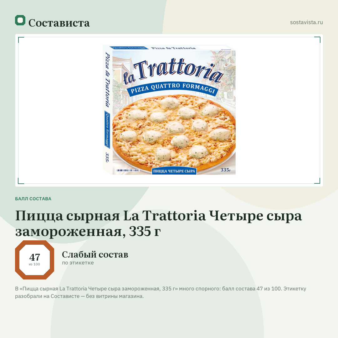 Пицца сырная La Trattoria Четыре сыра замороженная, 335 г: балл состава 47 из 100 — Состависта