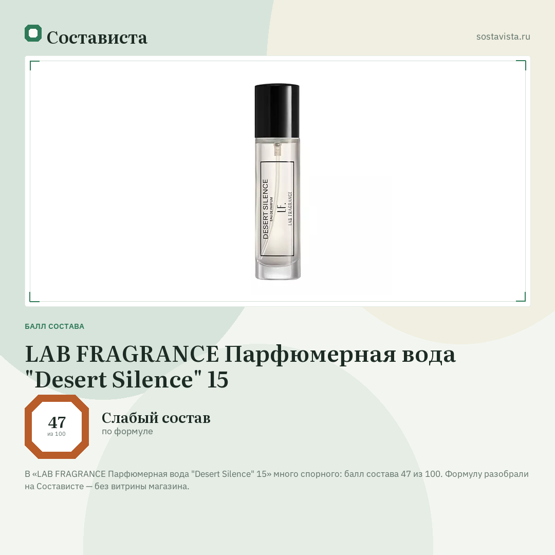 LAB FRAGRANCE Парфюмерная вода "Desert Silence" 15: балл состава 47 из 100 — Состависта