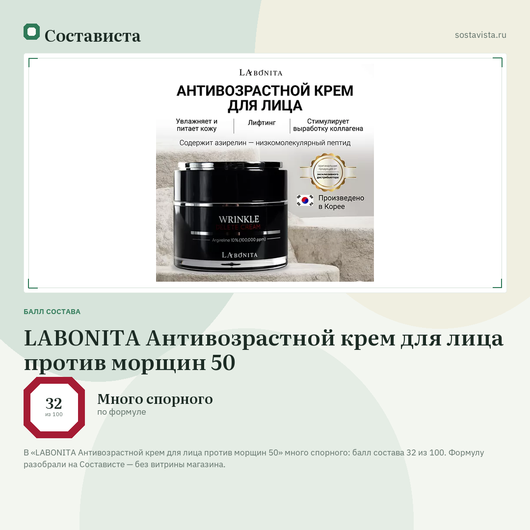 LABONITA Антивозрастной крем для лица против морщин 50: балл состава 32 из 100 — Состависта