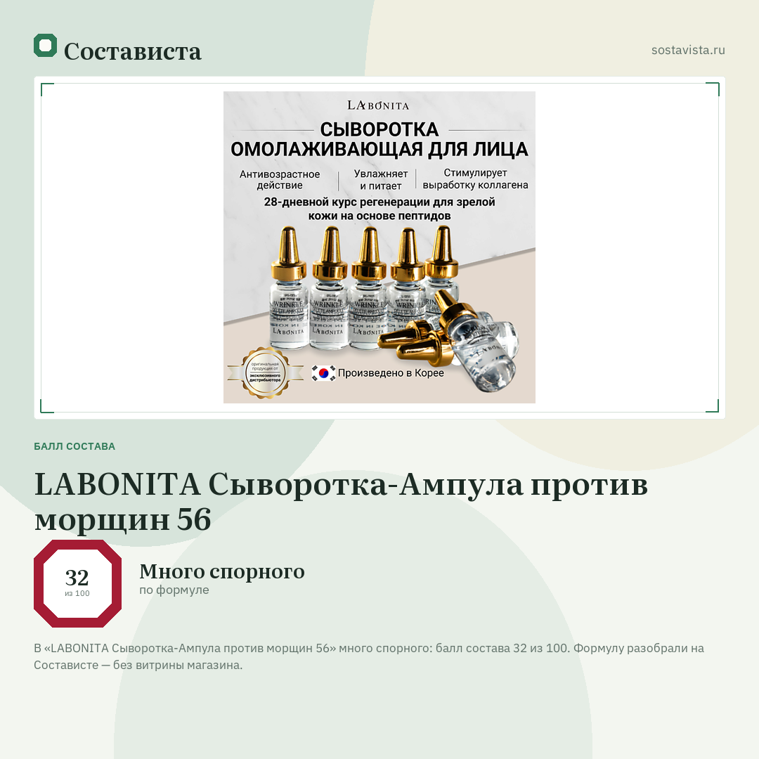 LABONITA Сыворотка-Ампула против морщин 56: балл состава 32 из 100 — Состависта