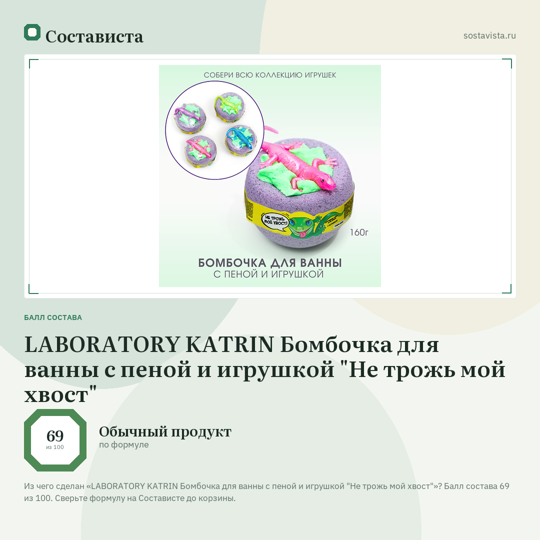 LABORATORY KATRIN Бомбочка для ванны с пеной и игрушкой "Не трожь мой хвост": балл состава 69 из 100 — Состависта