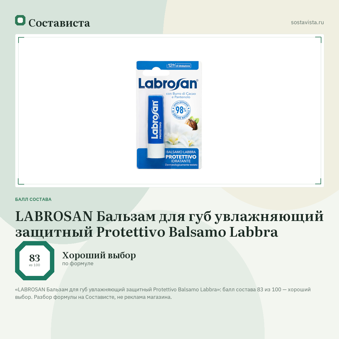 LABROSAN Бальзам для губ увлажняющий защитный Protettivo Balsamo Labbra: балл состава 83 из 100 — Состависта