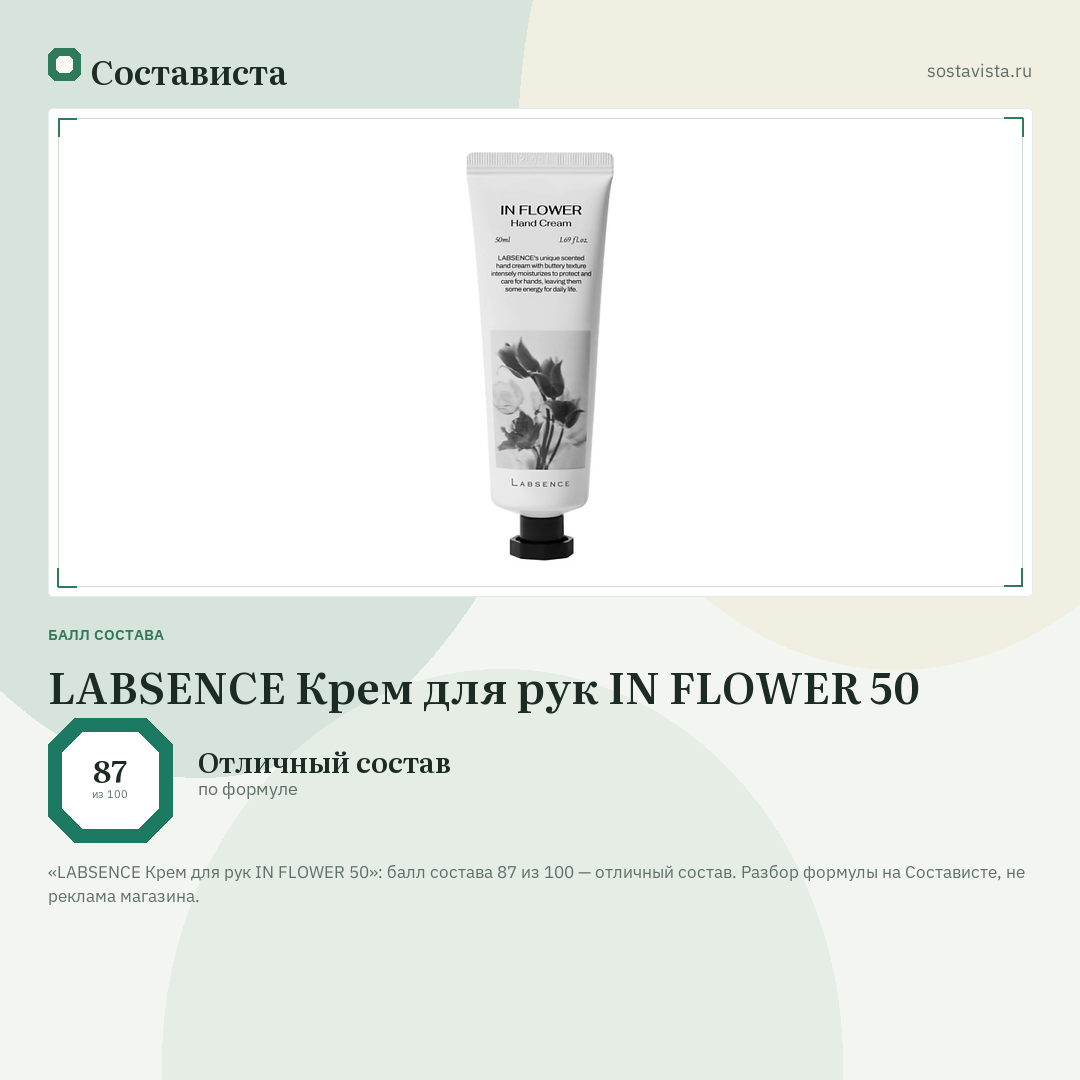 LABSENCE Крем для рук IN FLOWER 50: балл состава 87 из 100 — Состависта