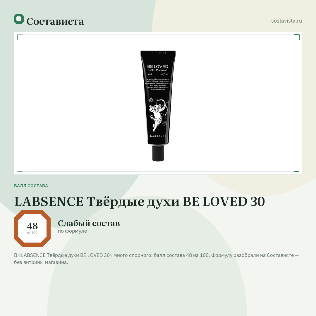 LABSENCE Твёрдые духи BE LOVED 30: балл состава 48 из 100 — Состависта