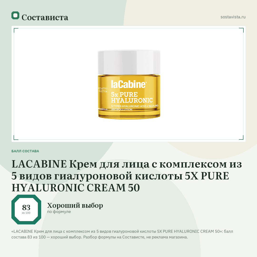 LACABINE Крем для лица с комплексом из 5 видов гиалуроновой кислоты 5X PURE HYALURONIC CREAM 50: балл состава 83 из 100 — Состависта