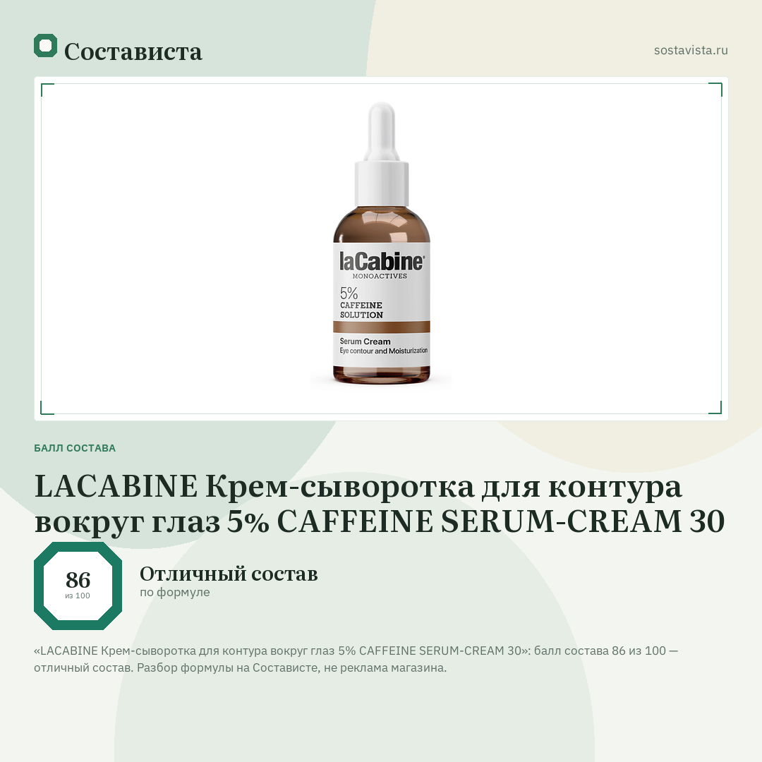 LACABINE Крем-сыворотка для контура вокруг глаз 5% CAFFEINE SERUM-CREAM 30: балл состава 86 из 100 — Состависта