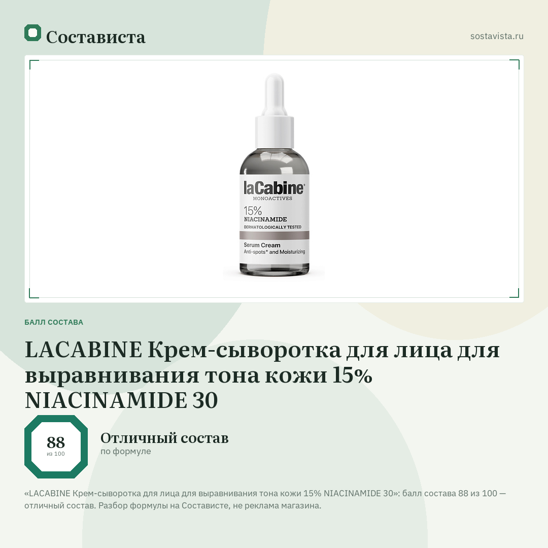 LACABINE Крем-сыворотка для лица для выравнивания тона кожи 15% NIACINAMIDE 30: балл состава 88 из 100 — Состависта