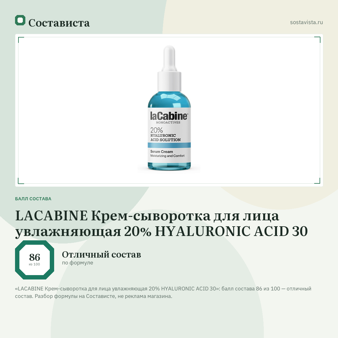 LACABINE Крем-сыворотка для лица увлажняющая 20% HYALURONIC ACID 30: балл состава 86 из 100 — Состависта