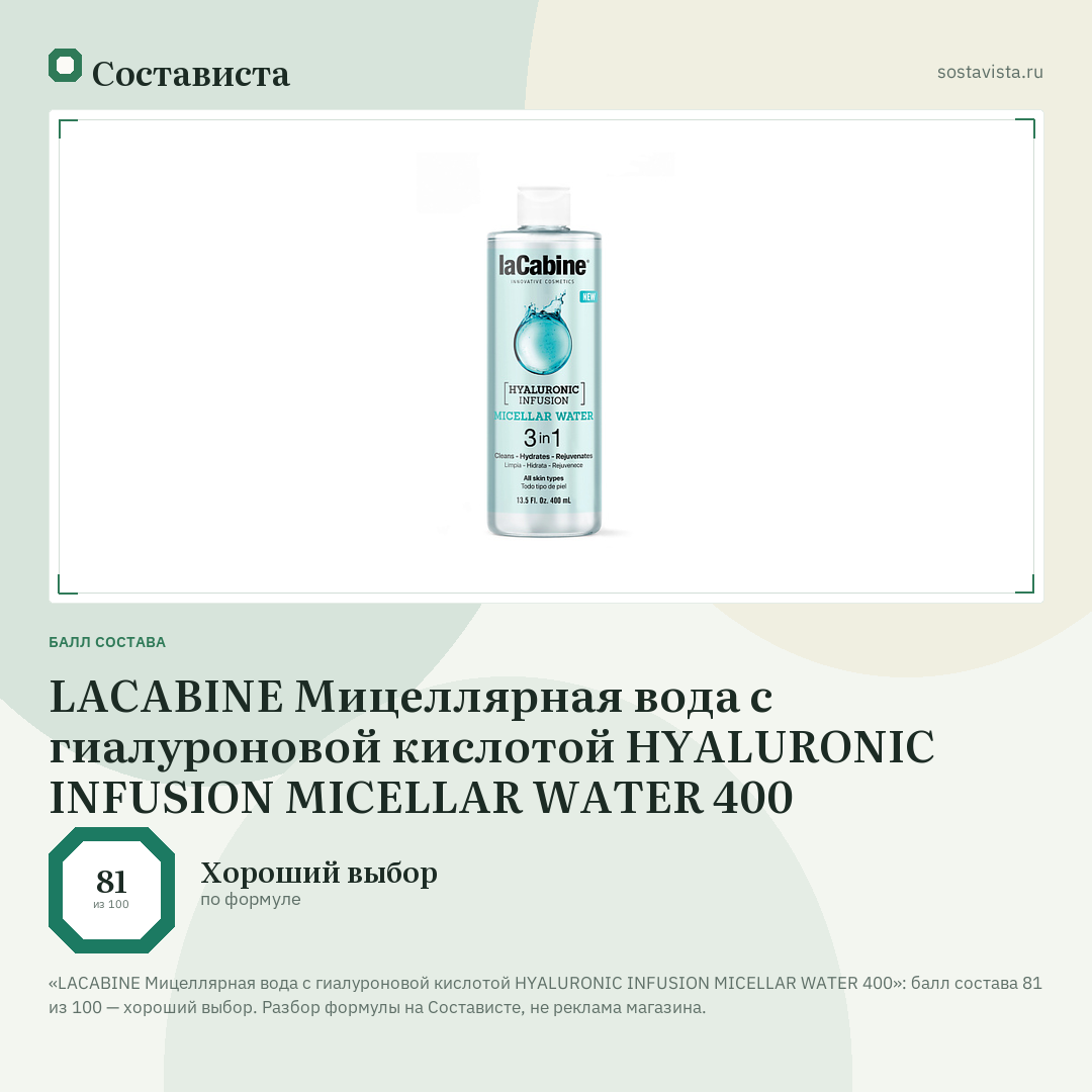 LACABINE Мицеллярная вода с гиалуроновой кислотой HYALURONIC INFUSION MICELLAR WATER 400: балл состава 81 из 100 — Состависта