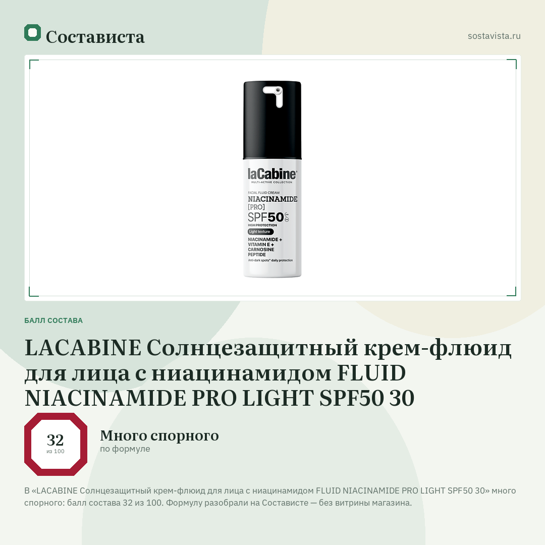 LACABINE Солнцезащитный крем-флюид для лица с ниацинамидом FLUID NIACINAMIDE PRO LIGHT SPF50 30: балл состава 32 из 100 — Состависта