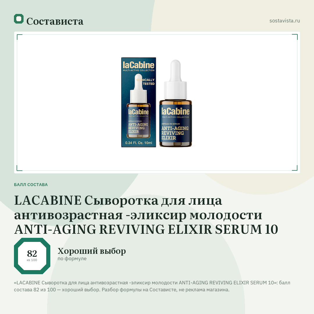LACABINE Сыворотка для лица антивозрастная -эликсир молодости ANTI-AGING REVIVING ELIXIR SERUM 10: балл состава 82 из 100 — Состависта