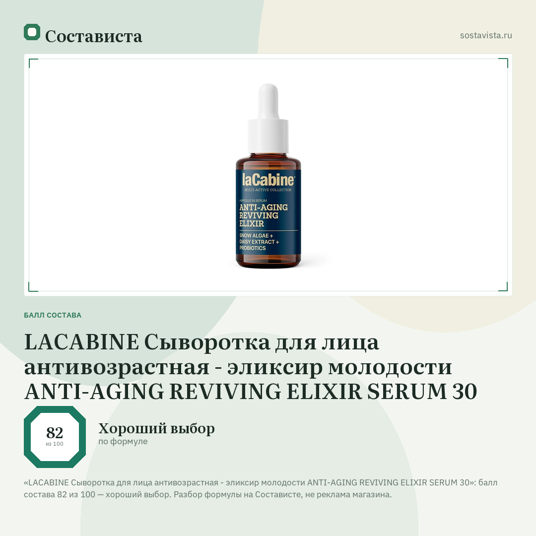 LACABINE Сыворотка для лица антивозрастная - эликсир молодости ANTI-AGING REVIVING ELIXIR SERUM 30: балл состава 82 из 100 — Состависта