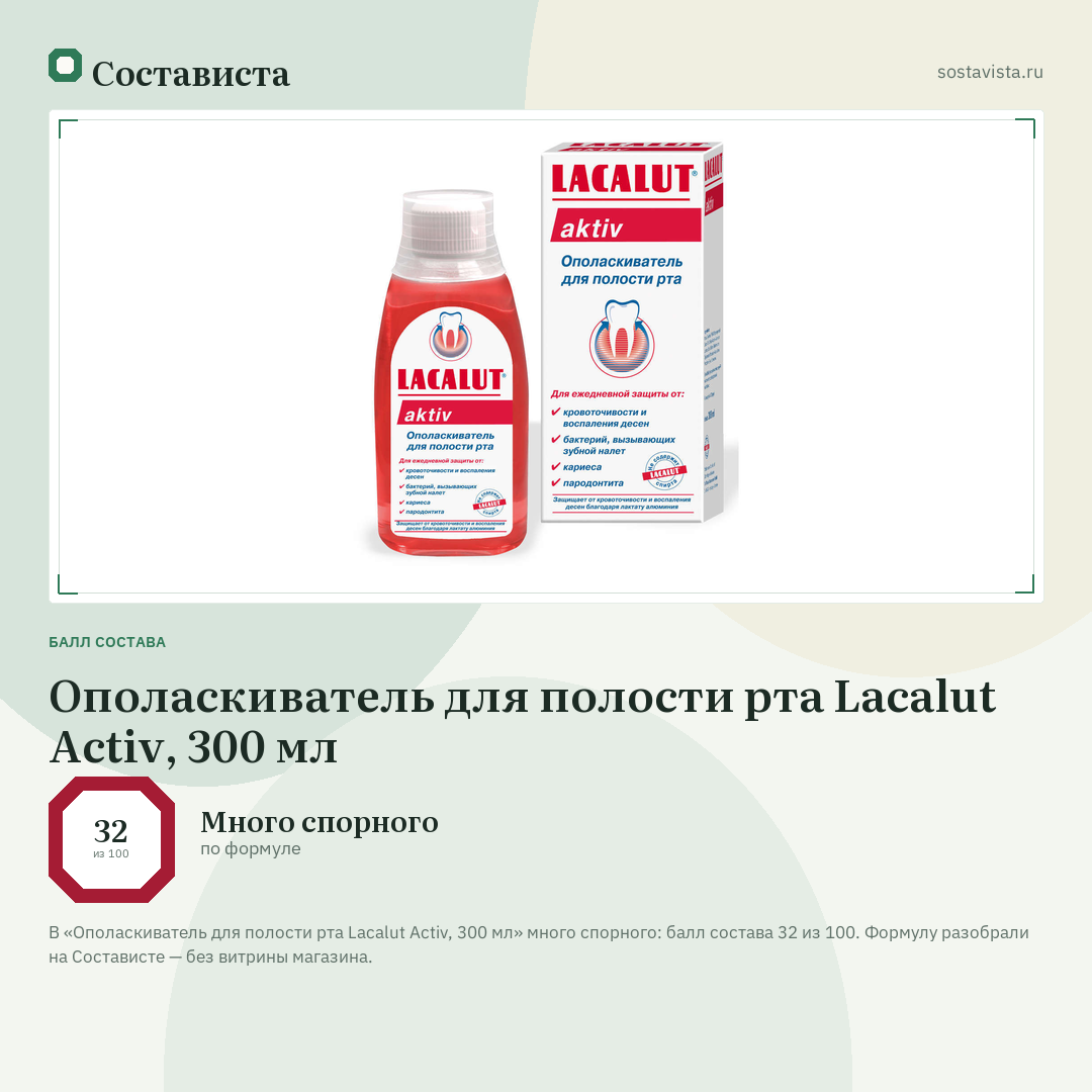 Ополаскиватель для полости рта Lacalut Activ, 300 мл: балл состава 32 из 100 — Состависта