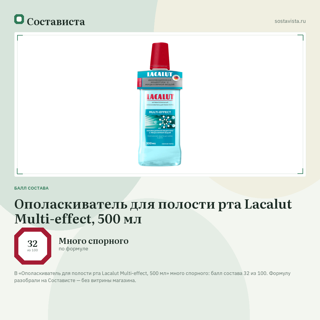 Ополаскиватель для полости рта Lacalut Multi-effect, 500 мл: балл состава 32 из 100 — Состависта