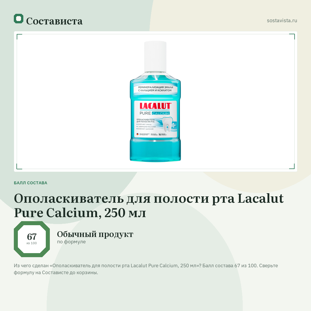 Ополаскиватель для полости рта Lacalut Pure Calcium, 250 мл: балл состава 67 из 100 — Состависта