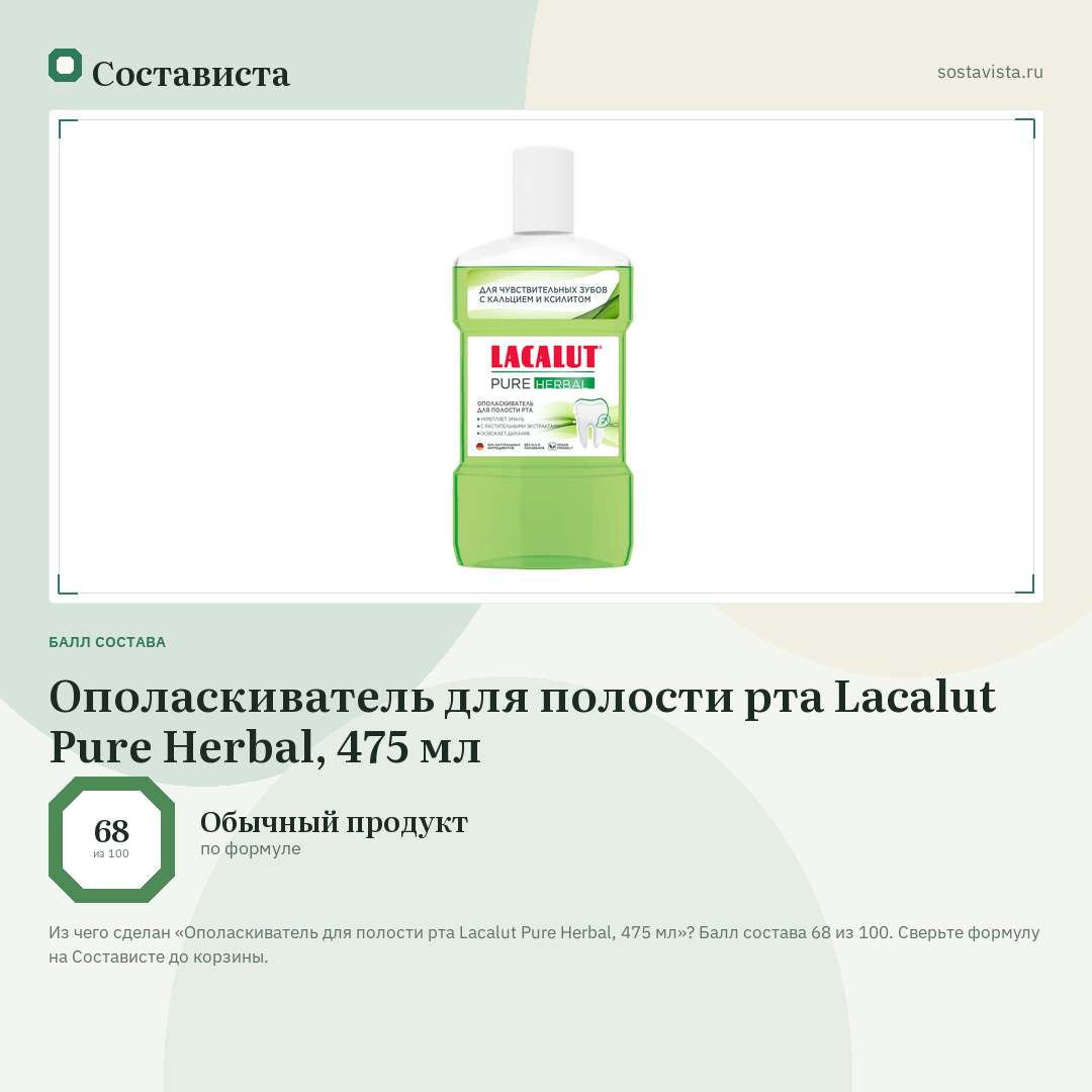Ополаскиватель для полости рта Lacalut Pure Herbal, 475 мл: балл состава 68 из 100 — Состависта