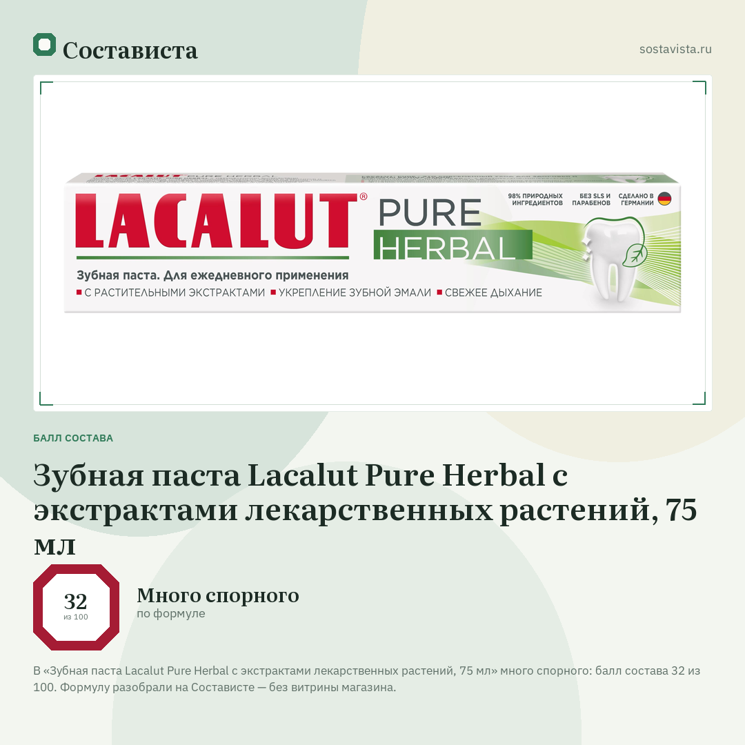 Зубная паста Lacalut Pure Herbal с экстрактами лекарственных растений, 75 мл: балл состава 32 из 100 — Состависта