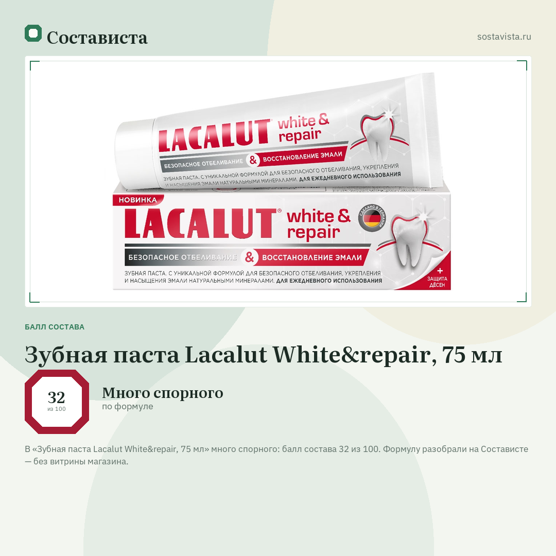 Зубная паста Lacalut White&repair, 75 мл: балл состава 32 из 100 — Состависта