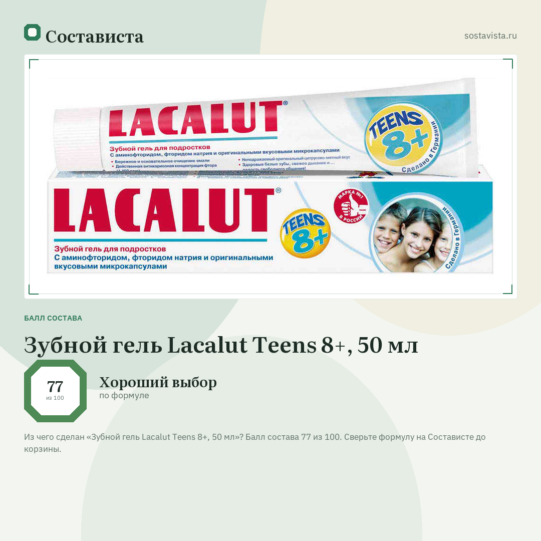 Зубной гель Lacalut Teens 8+, 50 мл: балл состава 77 из 100 — Состависта