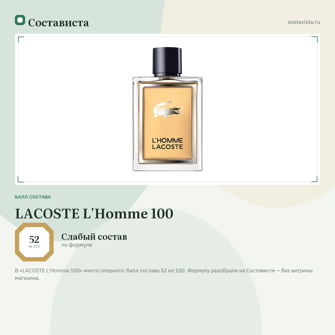 LACOSTE L'Homme 100: балл состава 52 из 100 — Состависта