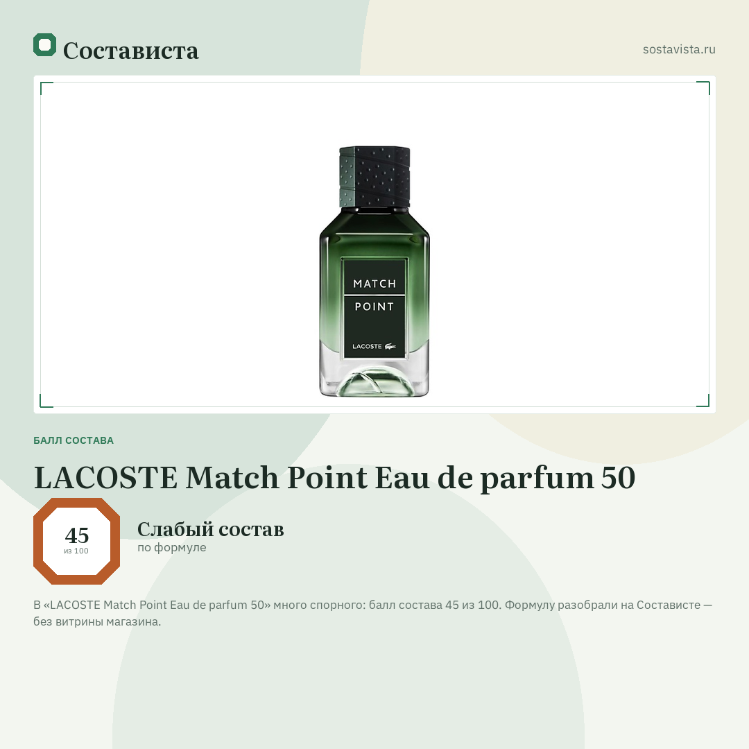 LACOSTE Match Point Eau de parfum 50: балл состава 45 из 100 — Состависта