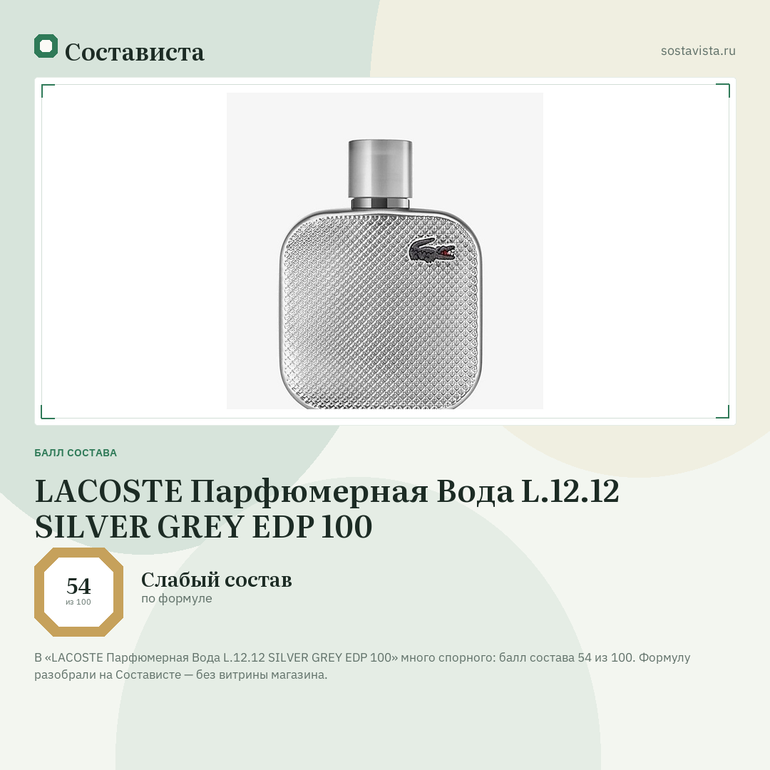 LACOSTE Парфюмерная Вода L.12.12 SILVER GREY EDP 100: балл состава 54 из 100 — Состависта