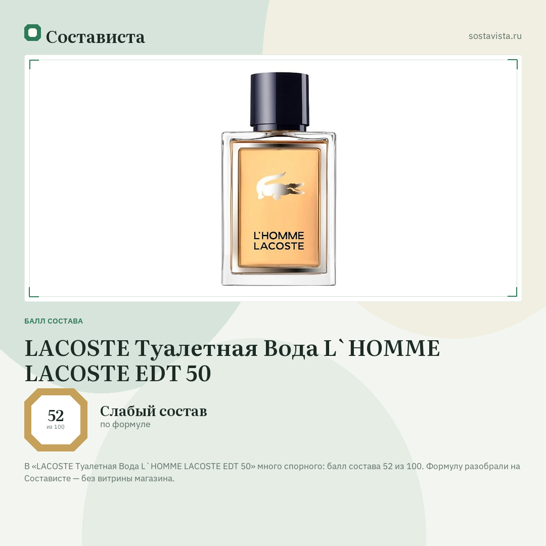 LACOSTE Туалетная Вода L`HOMME LACOSTE EDT 50: балл состава 52 из 100 — Состависта