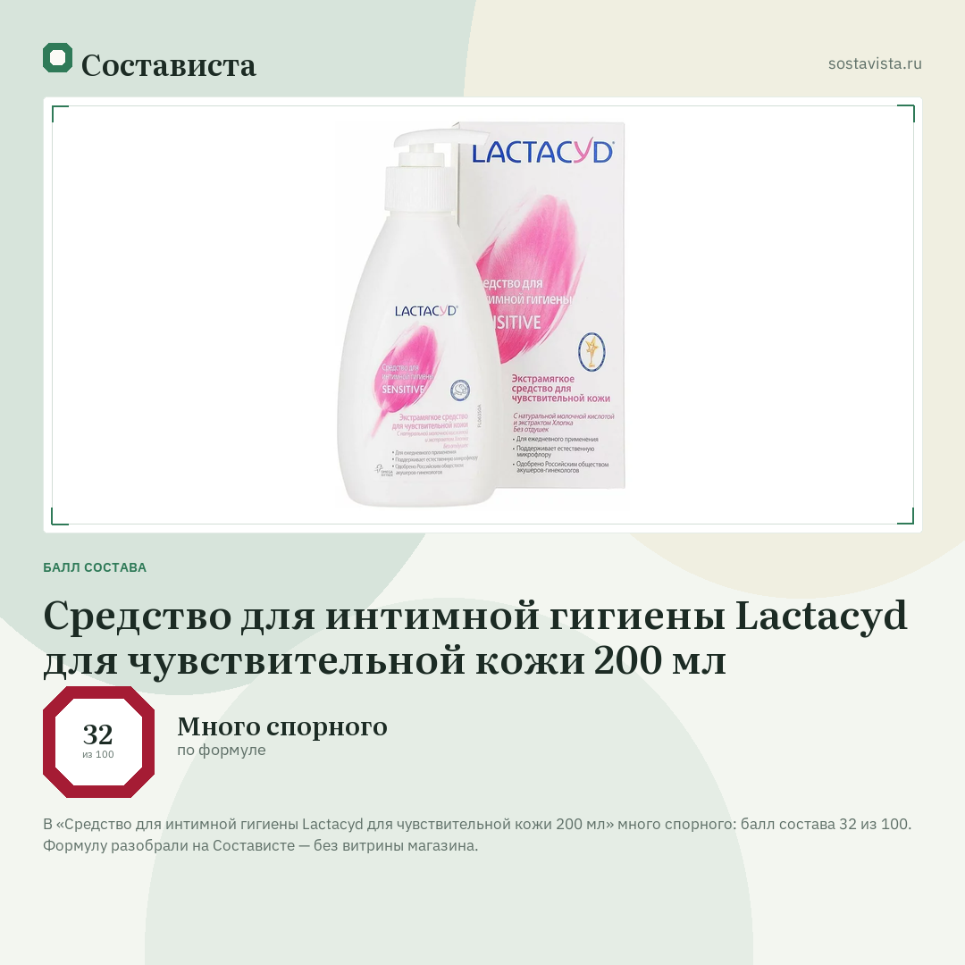 Средство для интимной гигиены Lactacyd для чувствительной кожи 200 мл: балл состава 32 из 100 — Состависта