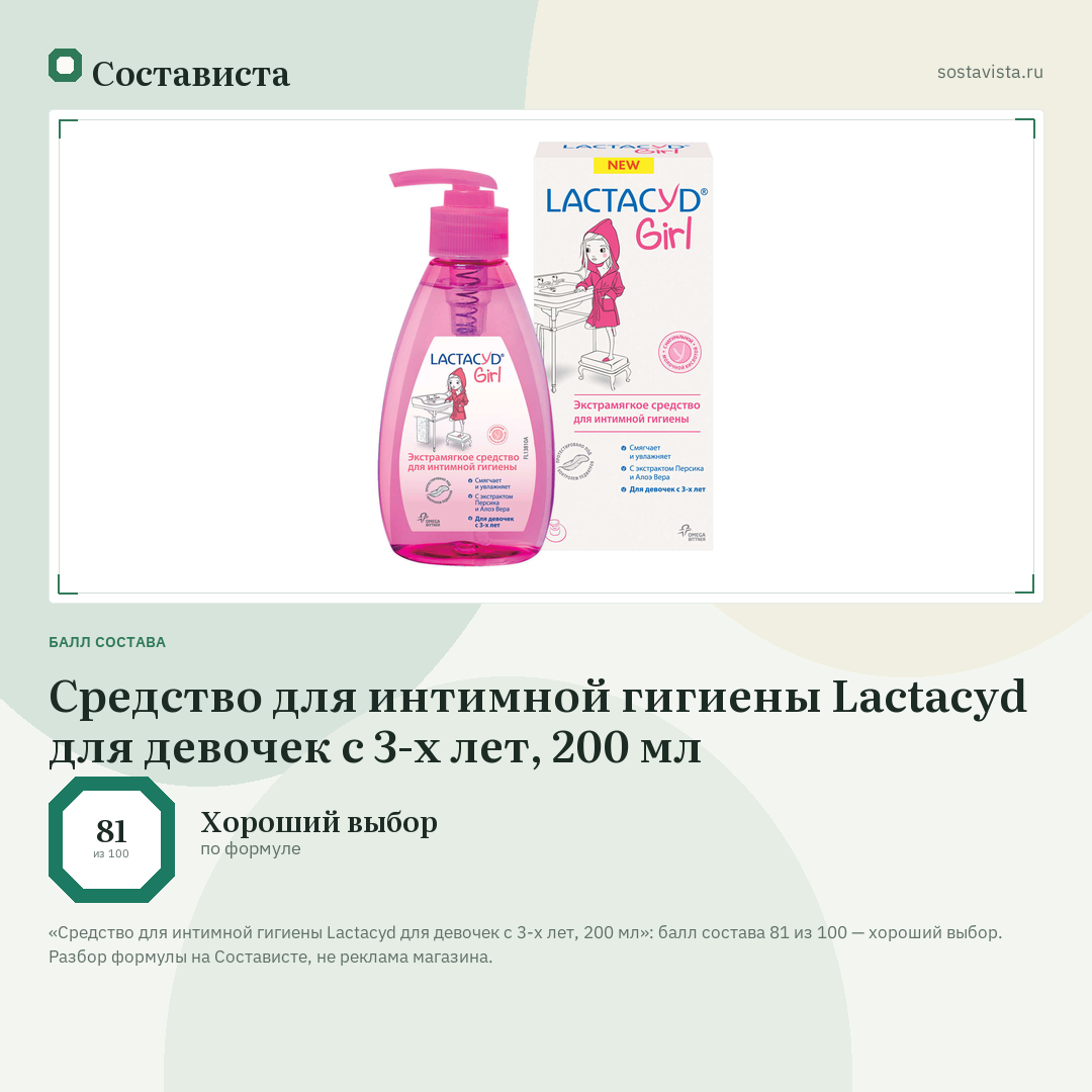 Средство для интимной гигиены Lactacyd для девочек с 3-х лет, 200 мл: балл состава 81 из 100 — Состависта