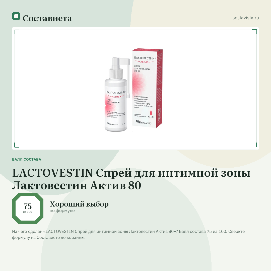 LACTOVESTIN Спрей для интимной зоны Лактовестин Актив 80: балл состава 75 из 100 — Состависта