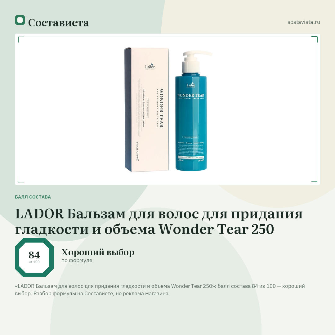 LADOR Бальзам для волос для придания гладкости и объема Wonder Tear 250: балл состава 84 из 100 — Состависта