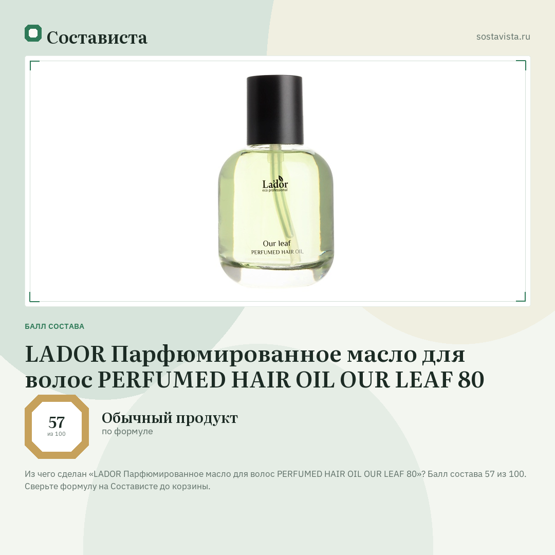 LADOR Парфюмированное масло для волос PERFUMED HAIR OIL OUR LEAF 80: балл состава 57 из 100 — Состависта