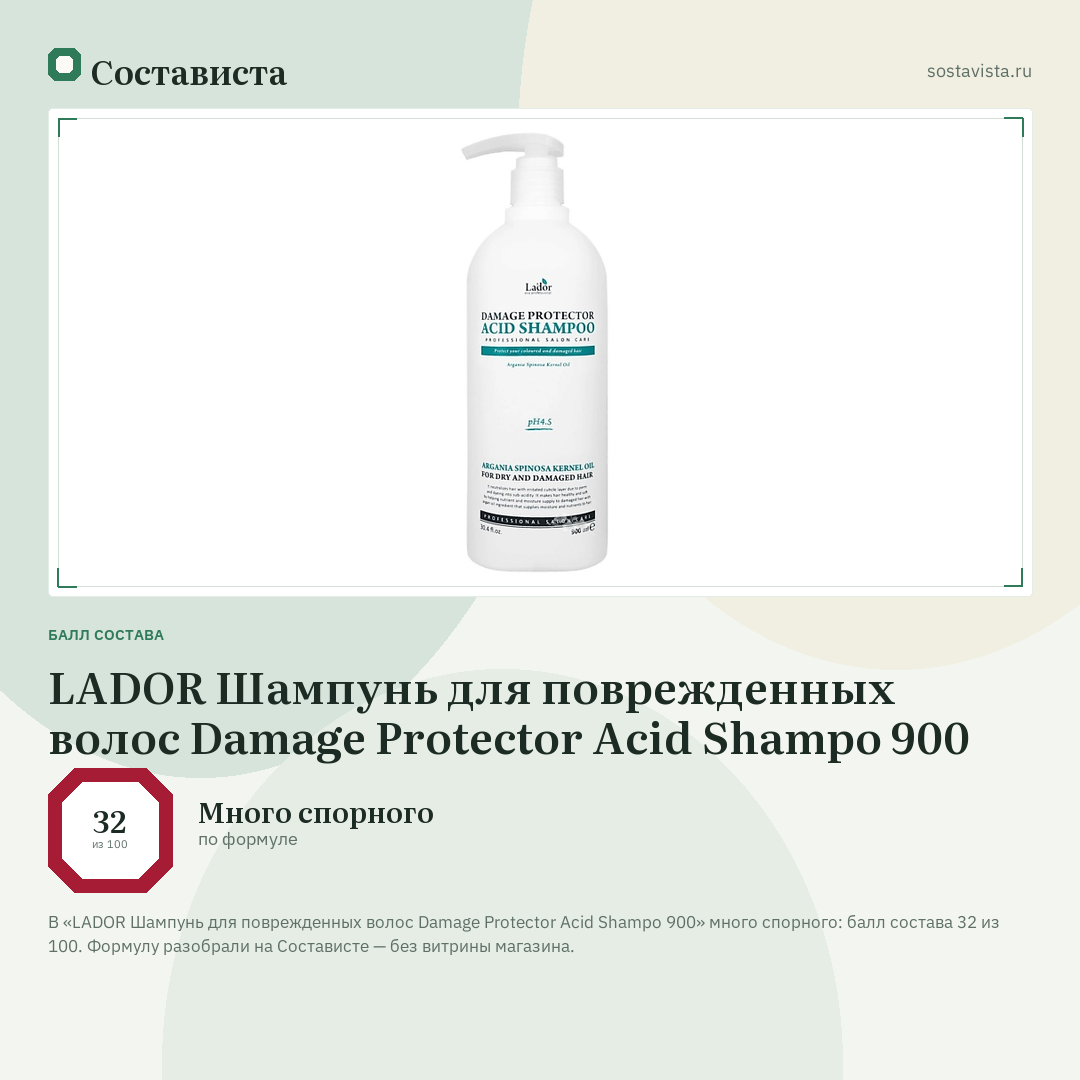 LADOR Шампунь для поврежденных волос Damage Protector Acid Shampo 900: балл состава 32 из 100 — Состависта