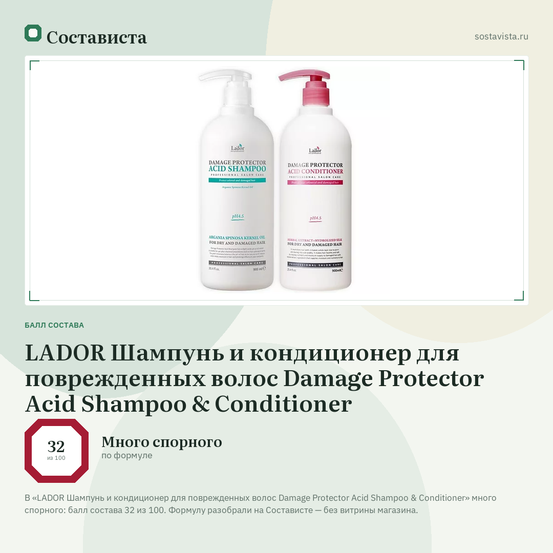 LADOR Шампунь и кондиционер для поврежденных волос Damage Protector Acid Shampoo & Conditioner: балл состава 32 из 100 — Состависта