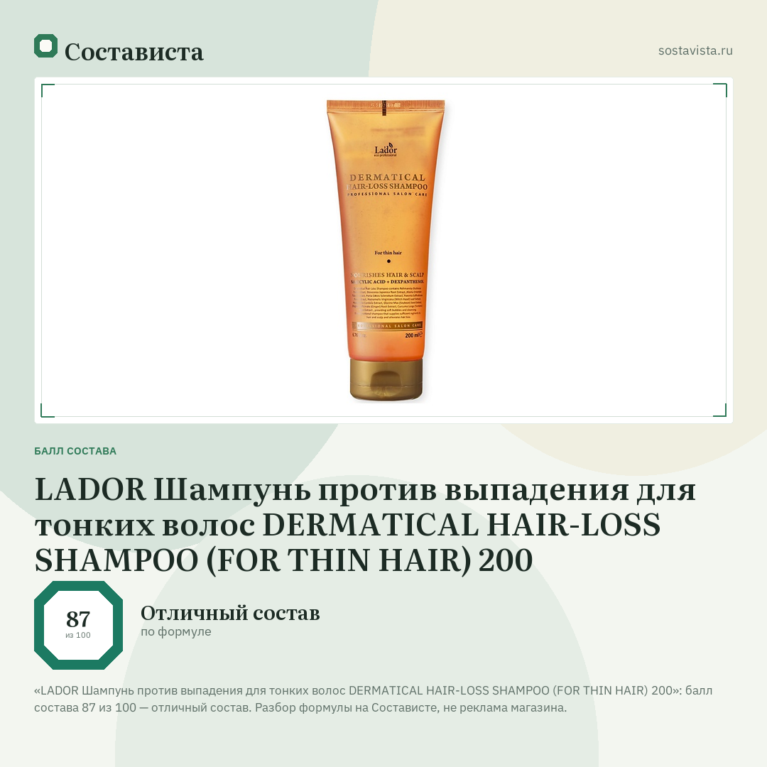 LADOR Шампунь против выпадения для тонких волос DERMATICAL HAIR-LOSS SHAMPOO (FOR THIN HAIR) 200: балл состава 87 из 100 — Состависта