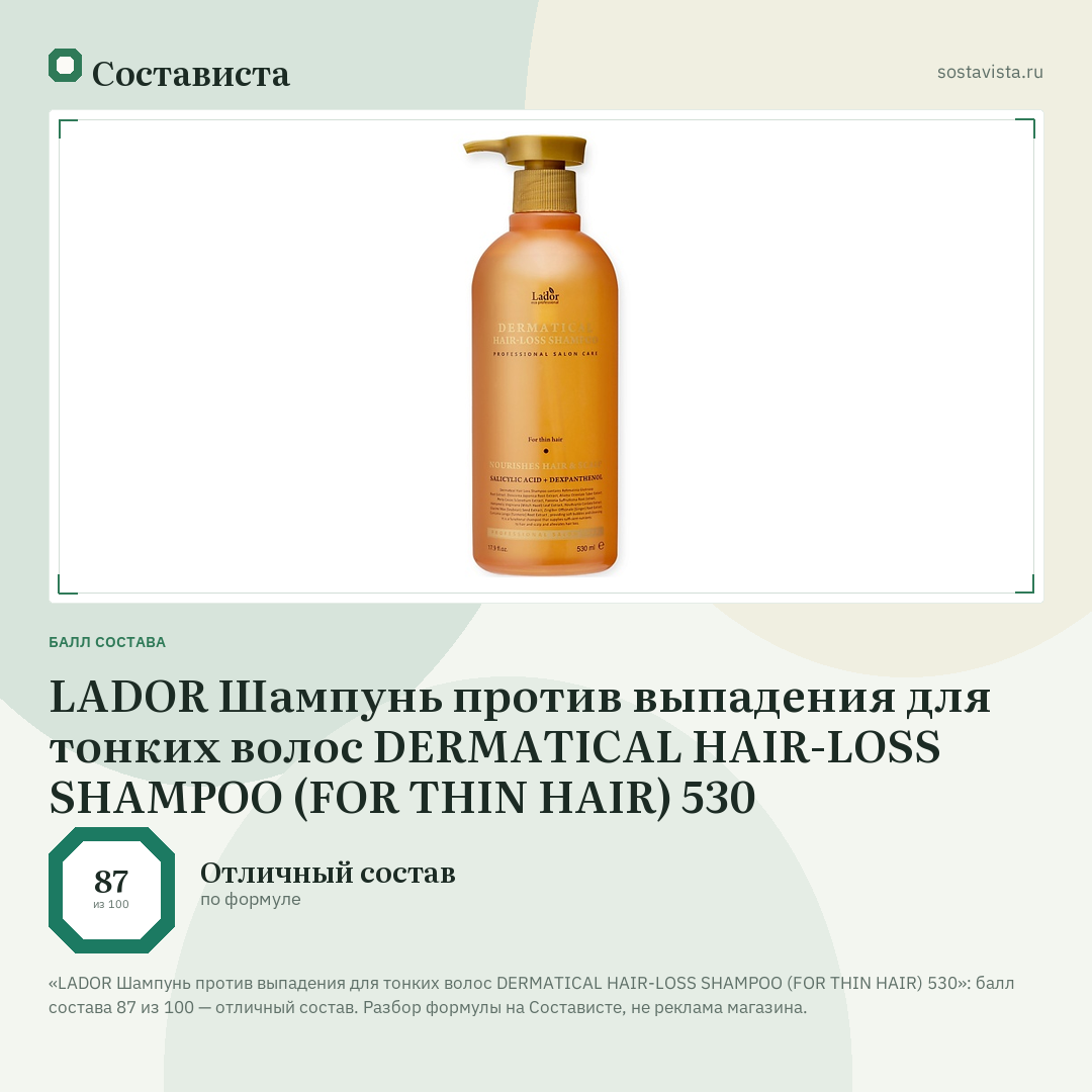 LADOR Шампунь против выпадения для тонких волос DERMATICAL HAIR-LOSS SHAMPOO (FOR THIN HAIR) 530: балл состава 87 из 100 — Состависта
