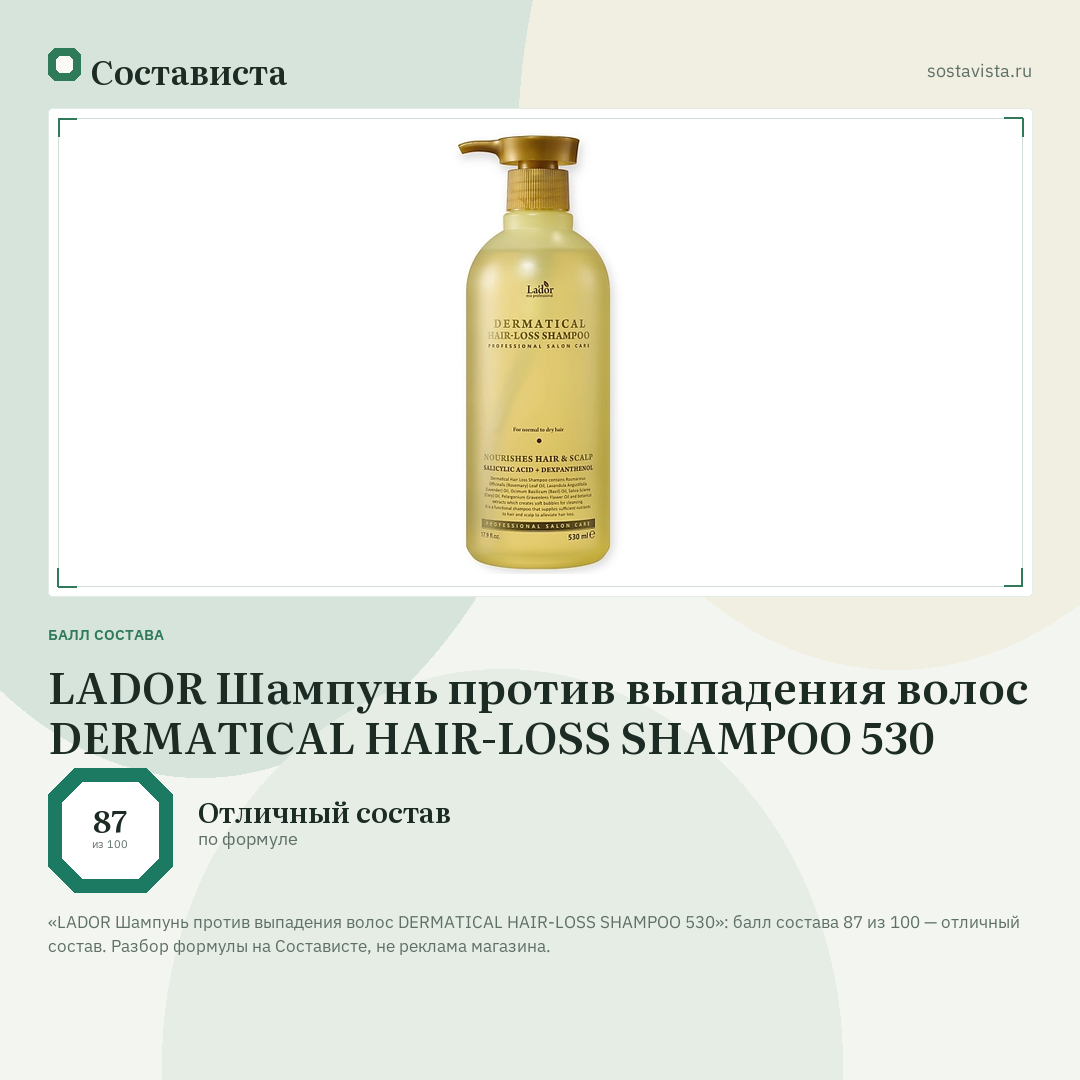 LADOR Шампунь против выпадения волос DERMATICAL HAIR-LOSS SHAMPOO 530: балл состава 87 из 100 — Состависта