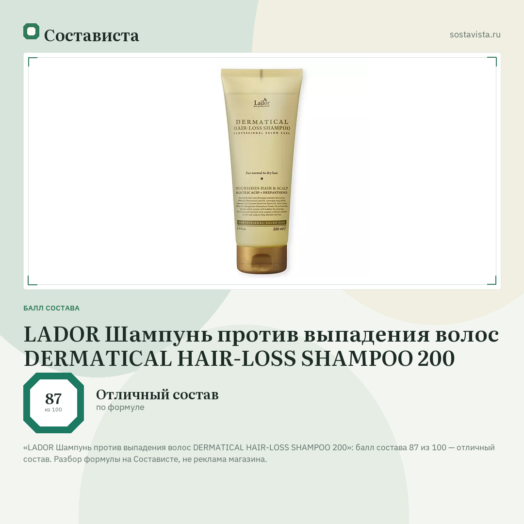 LADOR Шампунь против выпадения волос DERMATICAL HAIR-LOSS SHAMPOO 200: балл состава 87 из 100 — Состависта
