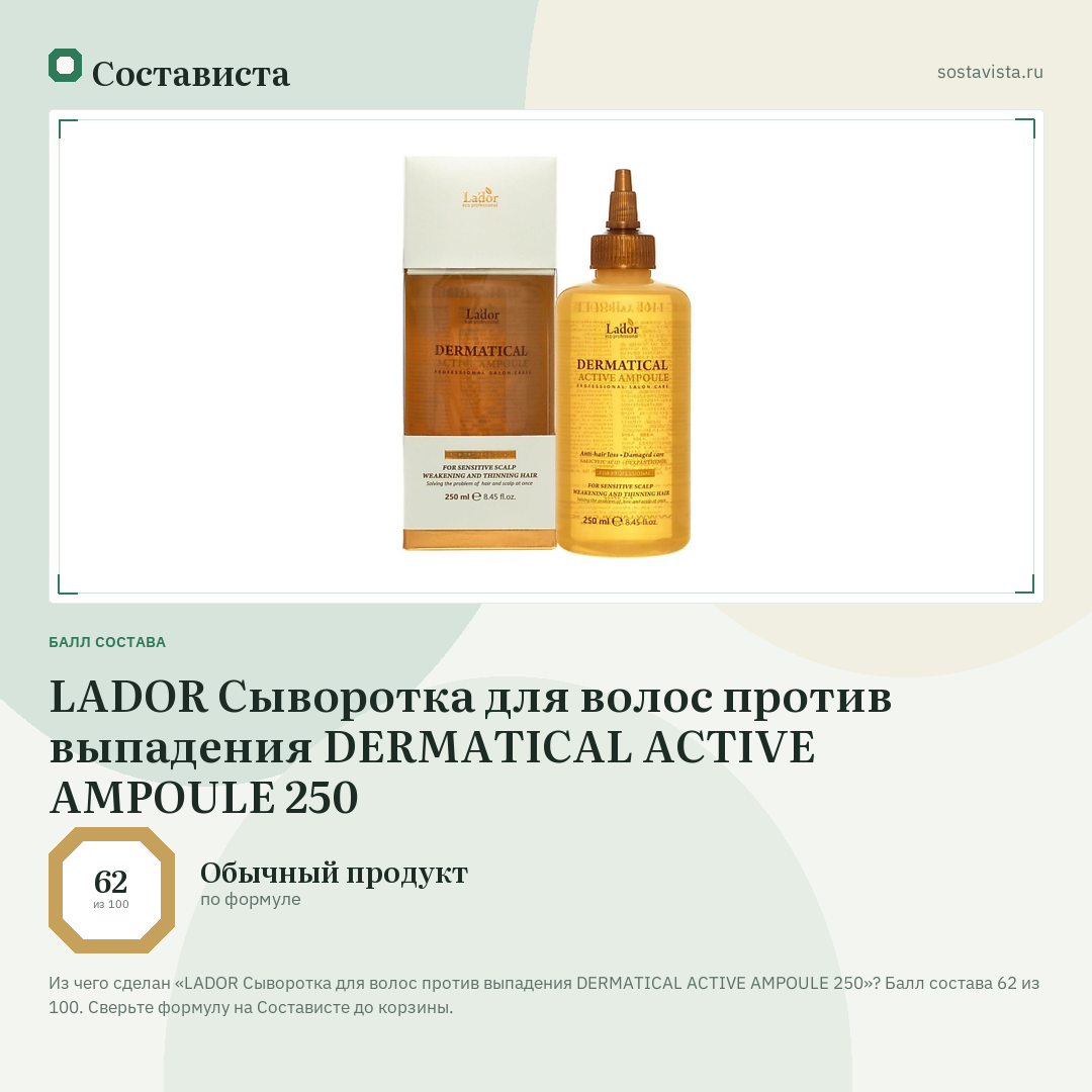 LADOR Сыворотка для волос против выпадения DERMATICAL ACTIVE AMPOULE 250: балл состава 62 из 100 — Состависта