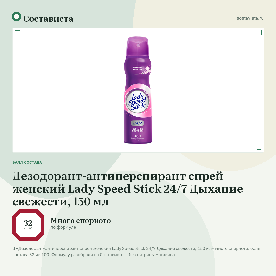 Дезодорант-антиперспирант спрей женский Lady Speed Stick 24/7 Дыхание свежести, 150 мл: балл состава 32 из 100 — Состависта
