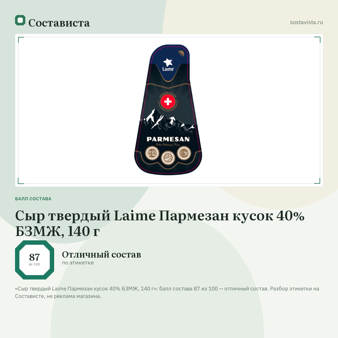 Сыр твердый Laime Пармезан кусок 40% БЗМЖ, 140 г: балл состава 87 из 100 — Состависта