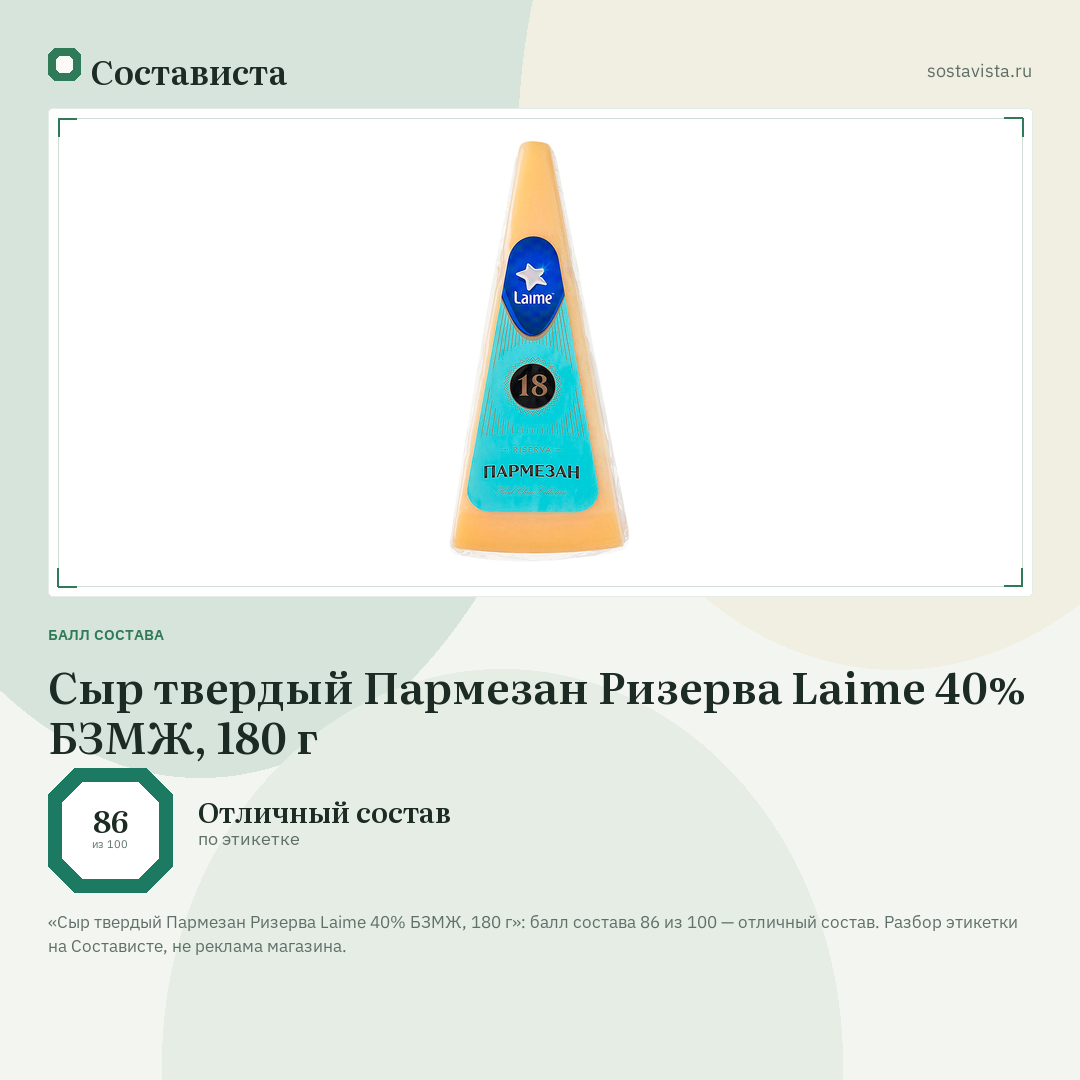 Сыр твердый Пармезан Ризерва Laime 40% БЗМЖ, 180 г: балл состава 86 из 100 — Состависта