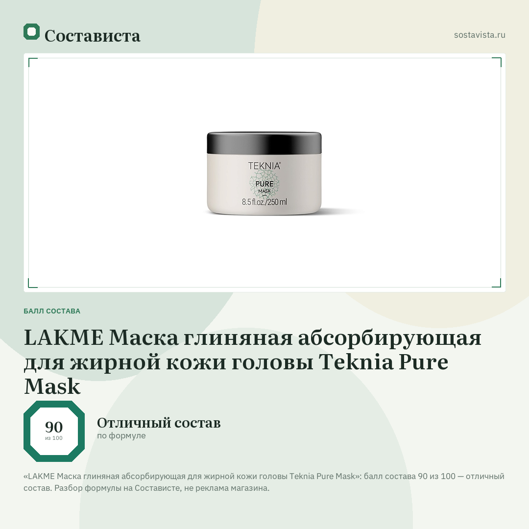 LAKME Маска глиняная абсорбирующая для жирной кожи головы Teknia Pure Mask: балл состава 90 из 100 — Состависта